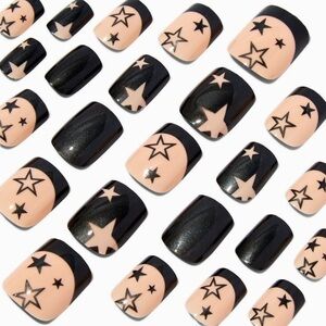 Black & Nude Stars French Tip Short Square Vegan Faux Nail Set - 24 Pack